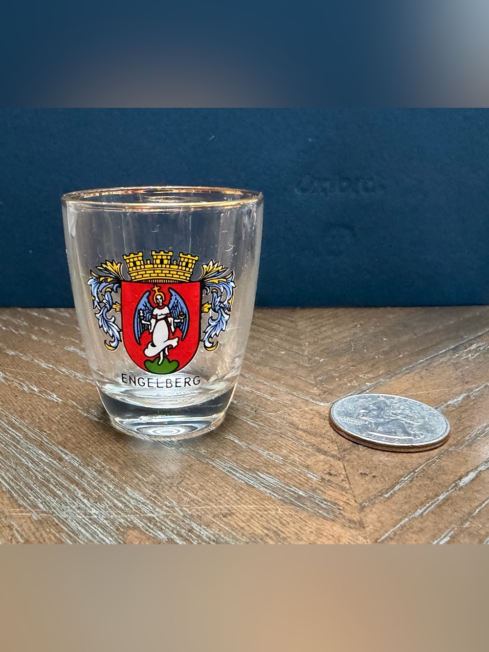 Vintage Engelberg Switzerland Souvenir Glass Swiss Crest Gold Rim